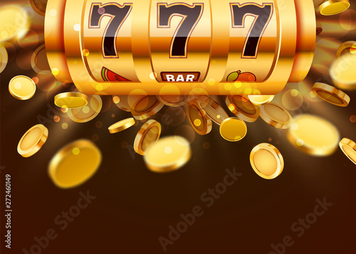 Golden slot machine with flying golden coins wins the jackpot. Big win concept.