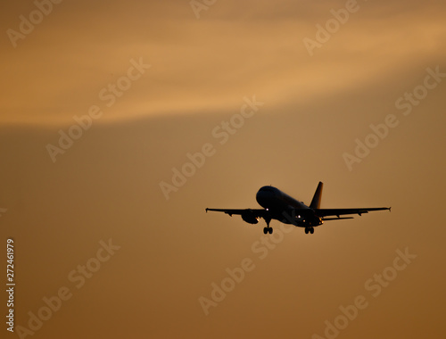 Silhouette of a plane prepared for landing at sunset © Midnightsoundscapes