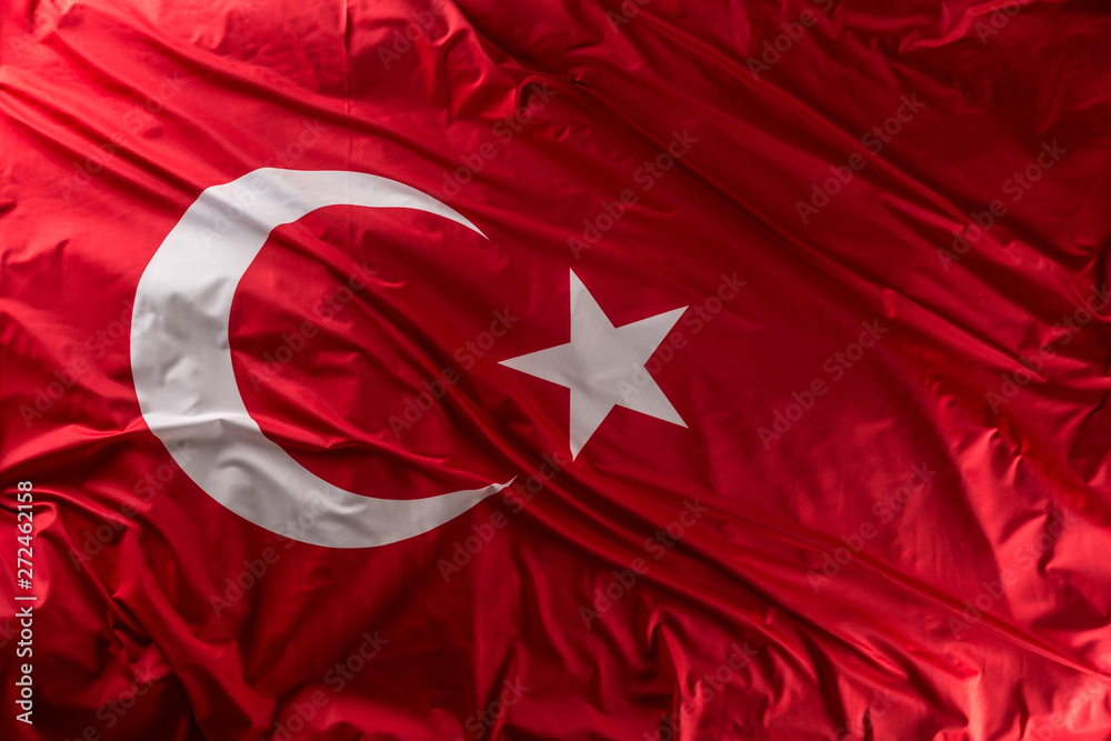Turkey flag waving in the wind - top of view