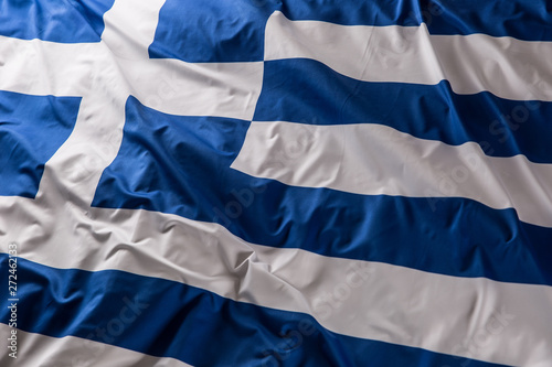 Greece flag waving in the wind - top of view