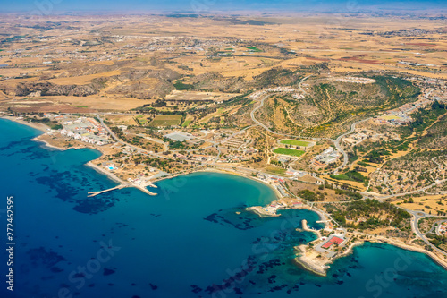 Cyprus. Cyprus island coast panorama from a drone. The landscape of Cyprus. Cypriot cities. Mediterranean sea shore.