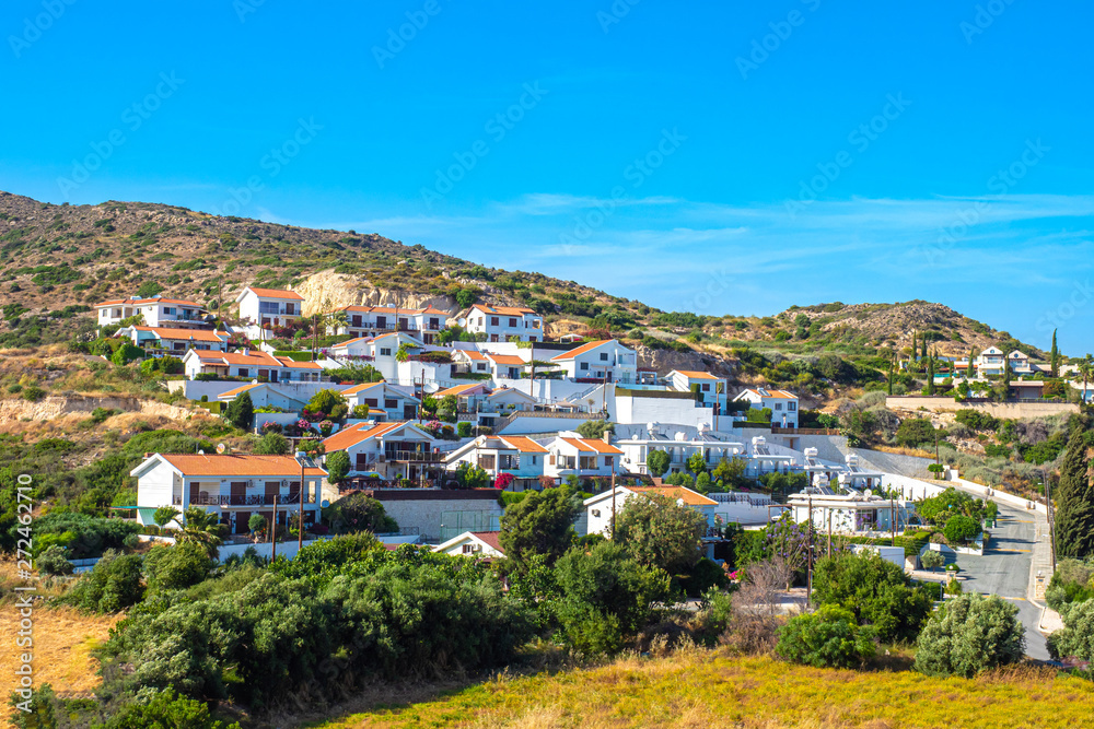 Cyprus. Pissouri village located on the hills panorama. The living houses of the village of Pissouri. Mediterranean coast. Resort Pissouri Bay. Travelling to Cyprus.