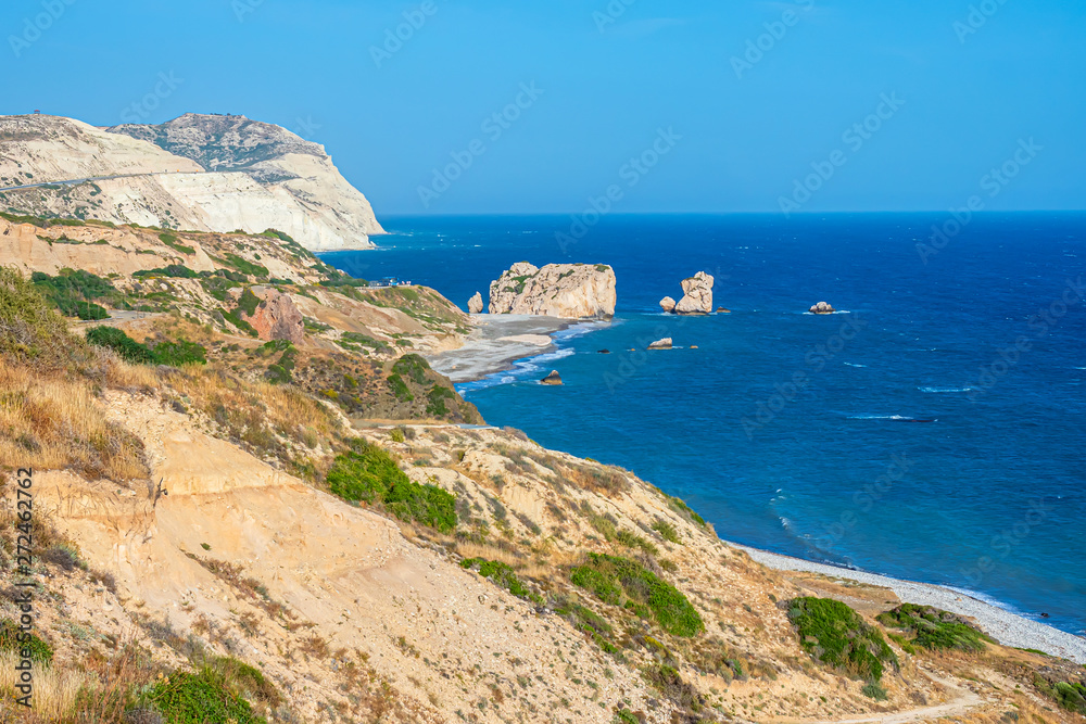 Republic of Cyprus. The bay of Aphrodite coast a vast panorama. Aphrodite rock. Petra tou Romiou. Kouklia coast. Mediterranean sea. Seascape. Paphos. Landscapes of Cyprus.