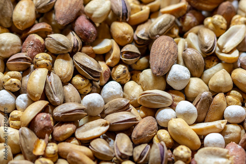 Background of a mixture of different nuts pistachio, almonds