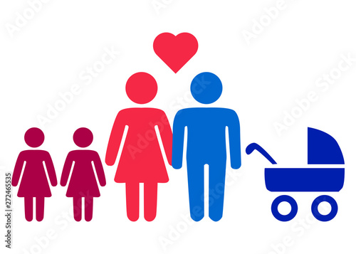 A schematic depiction of a hetero family couple man and woman with children  icon