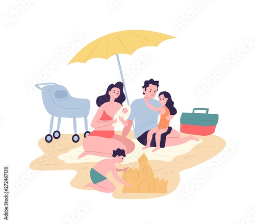 Cute happy family spending summer vacation at resort. Mother, father and chil...