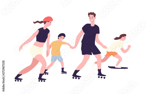 Adorable family on roller skates and skateboard