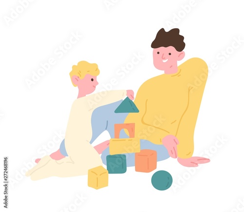 Father and son playing with toy building blocks or construction kit. Dad and kid spending time together at home. Parent and child enjoying leisure activity. Flat cartoon colorful vector illustration.