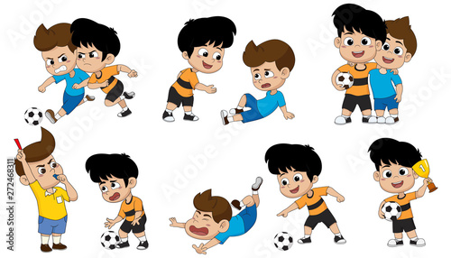 The story of the events in the soccer match.Despite the fight in the game. But when the end we're friends.Vector and illustration.