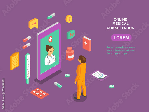 Online medical consultation app. Healthcare, diagnostics isometric concept illustration