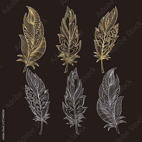 Set of gold and silver feather. Vector illustration. EPS 10.