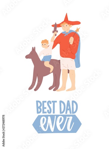 Father's Day greeting card with funny dad and son wearing costumes of fairyta...