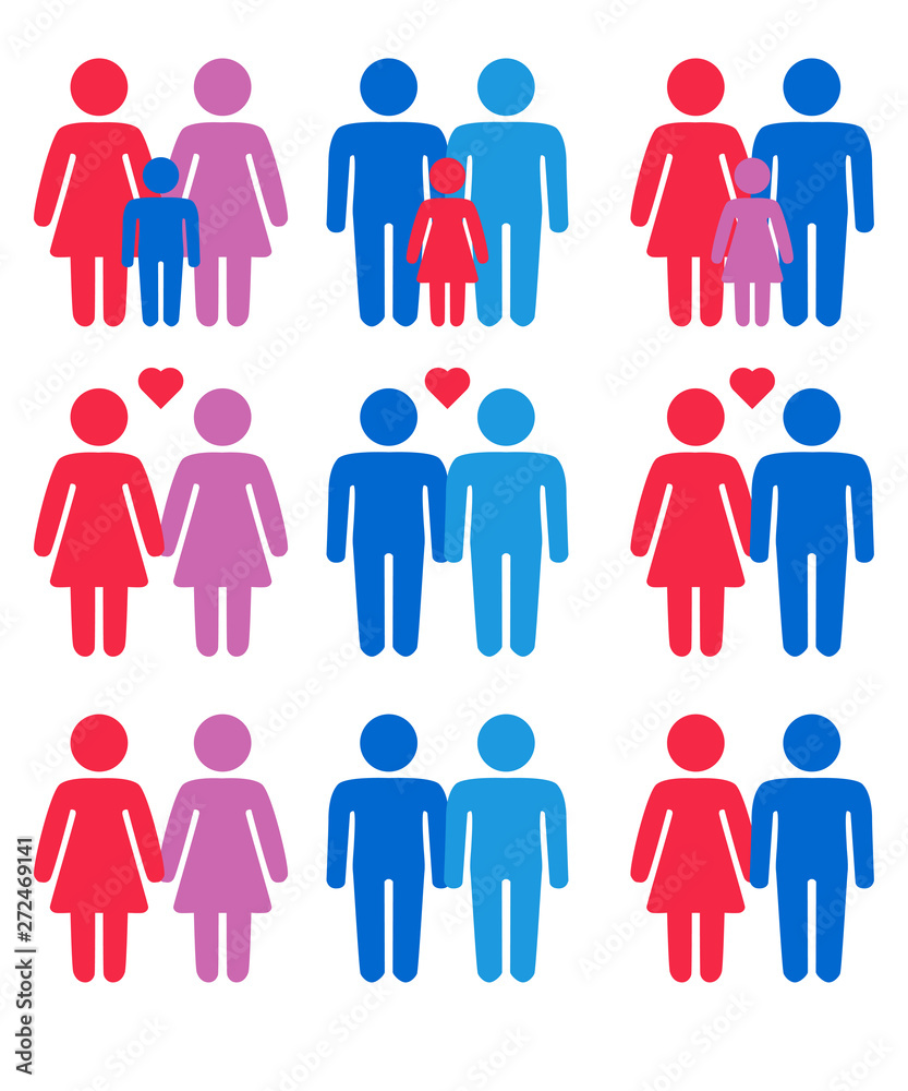 Gay, lesbian couples and family with children icons set Gay, lesbian couples and family with children icons set