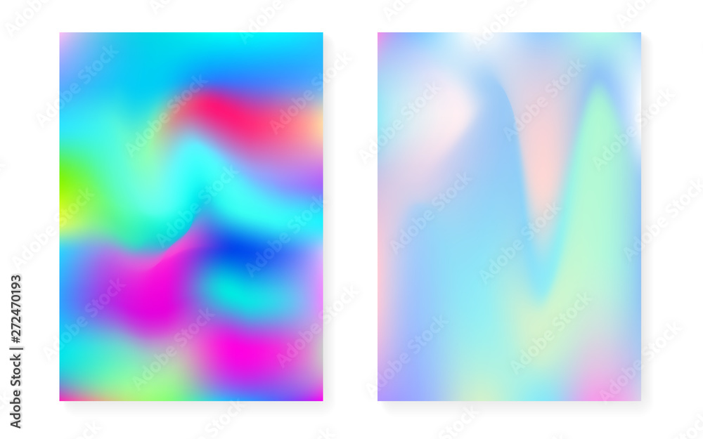Hologram gradient background set with holographic cover. 90s, 80s retro style. Pearlescent graphic template for flyer, poster, banner, mobile app. Neon minimal hologram gradient.