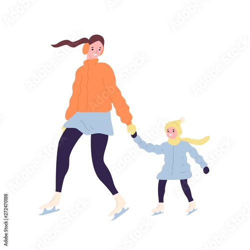 Happy cute mom and daughter on ice skates