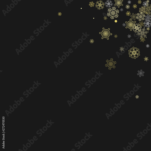 Glitter snowflakes frame on black background. Winter window. Shiny Christmas and New Year frame for gift certificate, ads, banners, flyers. Falling snow with golden glitter snowflakes for party invite