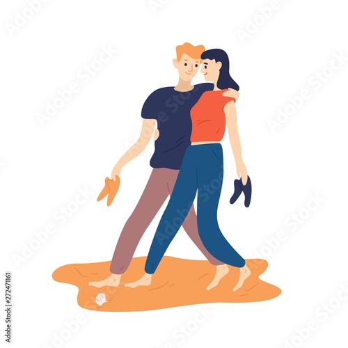 Funny couple walking barefoot along sand beach and carrying their shoes during romantic date. Portrait of cute young boy and girl spending time together outdoors. Flat cartoon vector illustration.