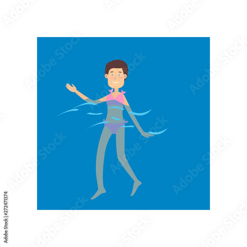 Cute woman in pink swimwear swimming in sea water