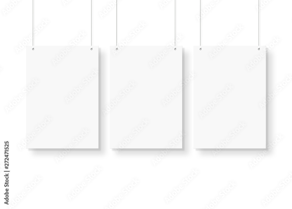 White poster isolated hanging by strings on wall mockup 3D rendering White poster isolated hanging by strings on wall mockup 3D rendering