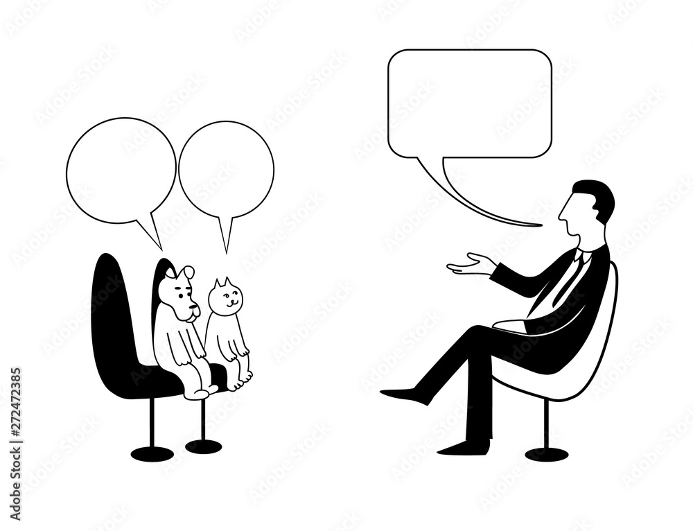 Man asks to dog and cat in bubbles. They sit and talking. Vector