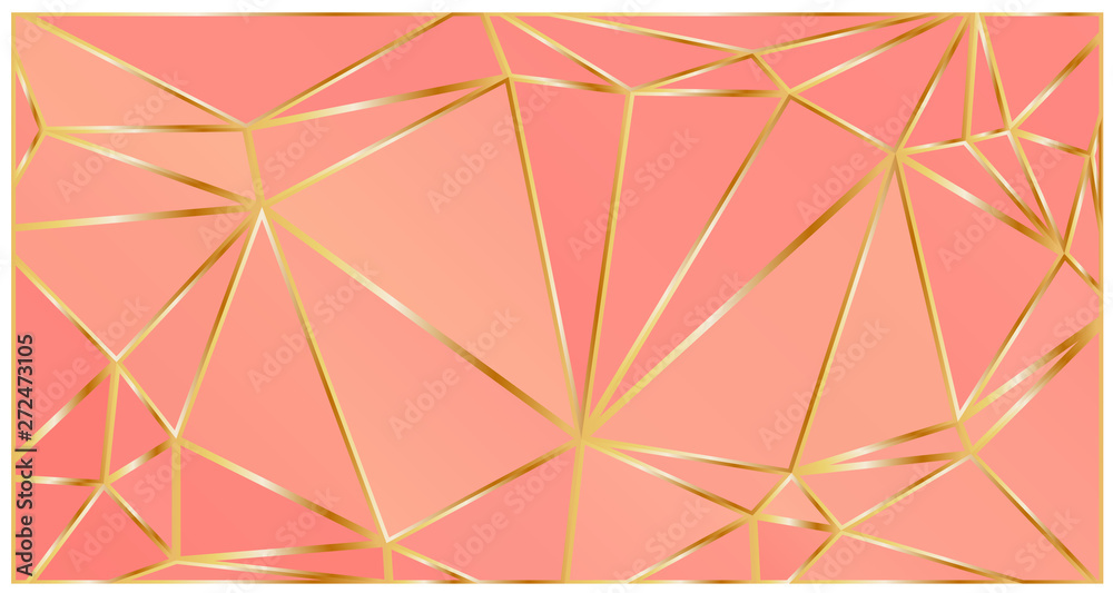 Coral color premium background with luxury polygonal pattern and gold triangle lines.