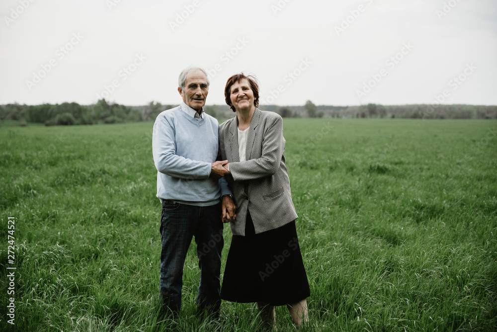 Happy smiling senior couple in love on nature, having fun. Elderly couple on the green field. Cute senior couple walking and hugging in spring forest Happy smiling senior couple in love on nature, having fun. Elderly couple on the green field. Cute senior couple walking and hugging in spring forest