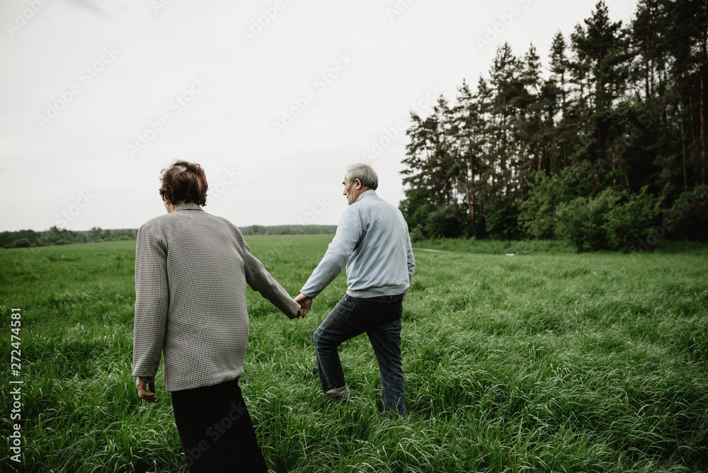 Happy smiling senior couple in love on nature, having fun. Elderly couple on the green field. Cute senior couple walking and hugging in spring forest Happy smiling senior couple in love on nature, having fun. Elderly couple on the green field. Cute senior couple walking and hugging in spring forest