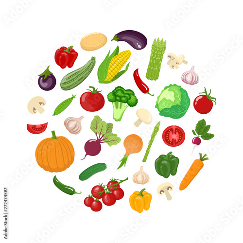 Fototapeta Naklejka Na Ścianę i Meble -  Variety vegetables in a circle. Vegetarian organic healthy food banner. Vector illustration for design.