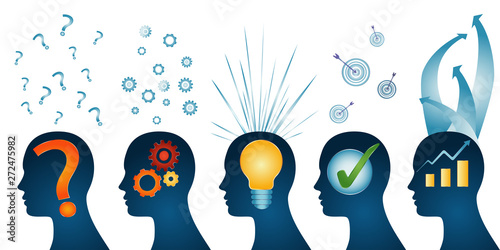 Human head series profile - problem - analysis - inspiration - idea - approval - solution and success. Problem solution concept. Strategy concept. isolated