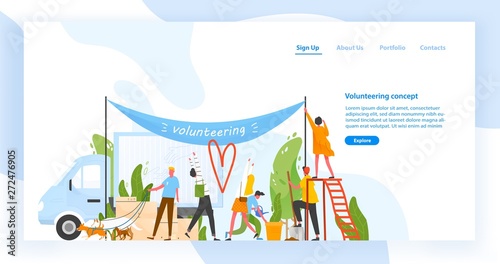 Website template with group of men and women volunteering, doing volunteer work or performing altruistic activities together. Modern flat vector illustration for charity organization advertisement.