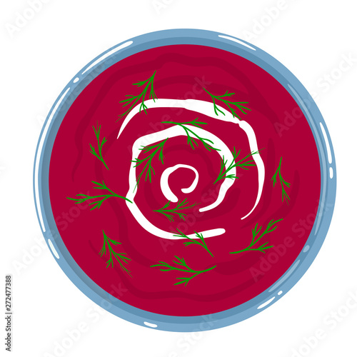 Beetroot soup in a bowl with sour cream and dill, top view, isolated on white background. Healthy clean balanced natural vegetarian detox meal. Vector illustration.