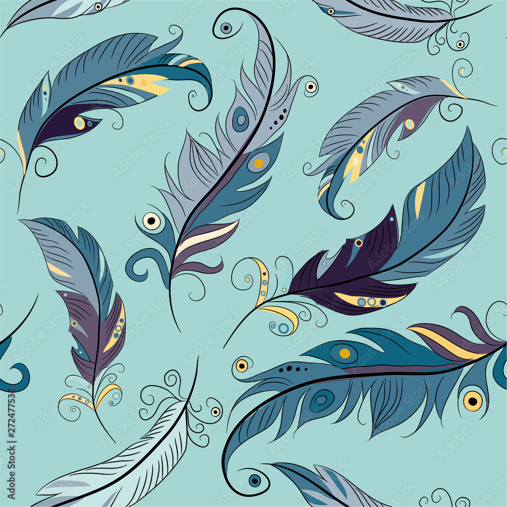 Blue feathers seamless pattern. Vector illustration of feathers on light blue background