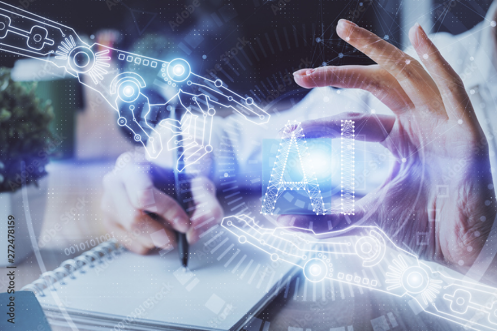 Multi exposure of writing hands on background with data solution hologram. Technology concept. Multi exposure of writing hands on background with data solution hologram. Technology concept.