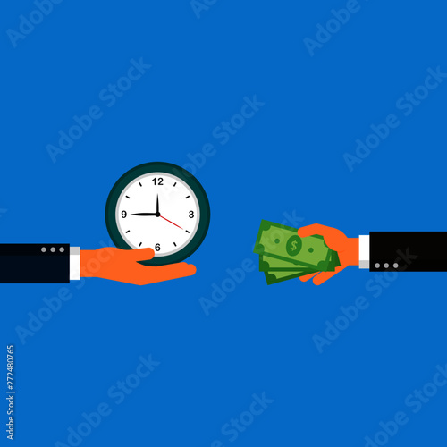 businessman hands holding a clock and dollars banknotes. exchanging time with money. buying time concept isolated on blue background. vector Illustration.
