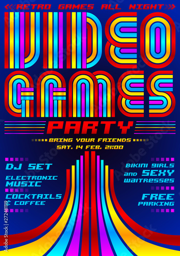 Video Games party, poster event template, eighties games style vector illustration