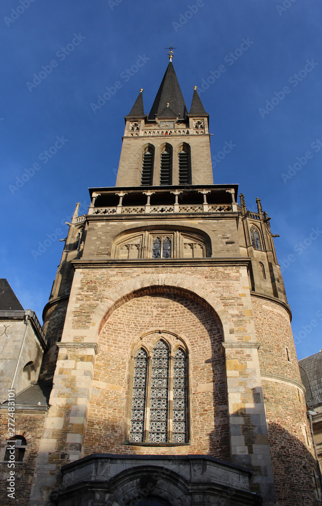 Tower of Aachen Cathedral. West Facade of Aix-la-Chapelle, Roman Catholic church in Aachen, western Germany.