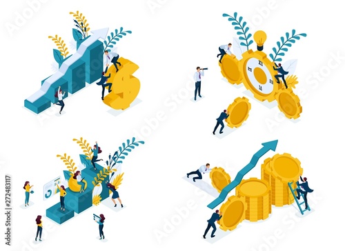 Isometric Set concept achievement of the goal, moving up the career ladder. Modern vector illustration concepts for website