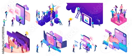Isometric bright concepts with teenagers or young entrepreneurs to create websites and develop mobile applications