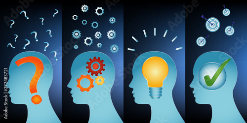 Problem thinking inspiration idea and success. Human head problem analysis solution concept. Head series with problem solving symbols. Blue background