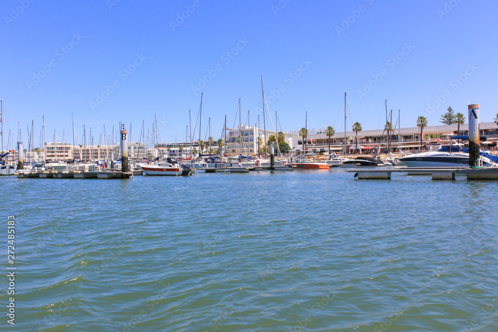 Marina of Lagos, yachts and boats moored in the marina, Lagos, Algarve, Portugal, Europe.