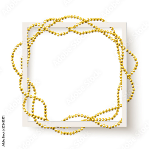Decorative frame with shiny realistic gold beads, jewelry, vector illustration background