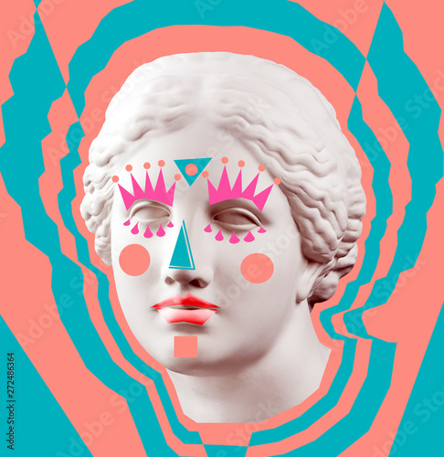 Contemporary art poster with ancient statue of Venus head and details of a living woman's face.
