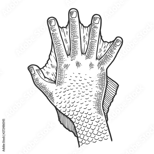 Hand of fabulous man amphibians sketch engraving vector illustration. Scratch board style imitation. Black and white hand drawn image.