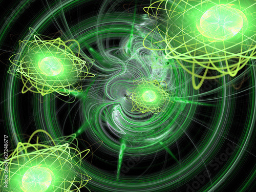 Atomic world. Splash of nuclear energy. Scientific 3d illustration.