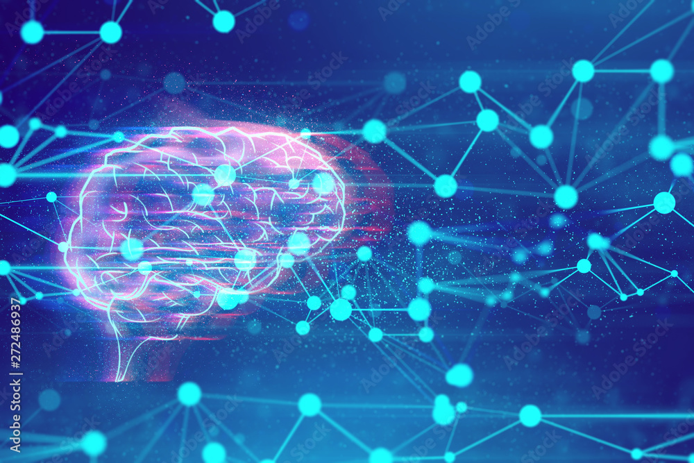 Obraz premium cloud robotic ai technology brain system, atom cell plexus and science, abstract futuristic universe cyber network server online, background illustration 3d rendering