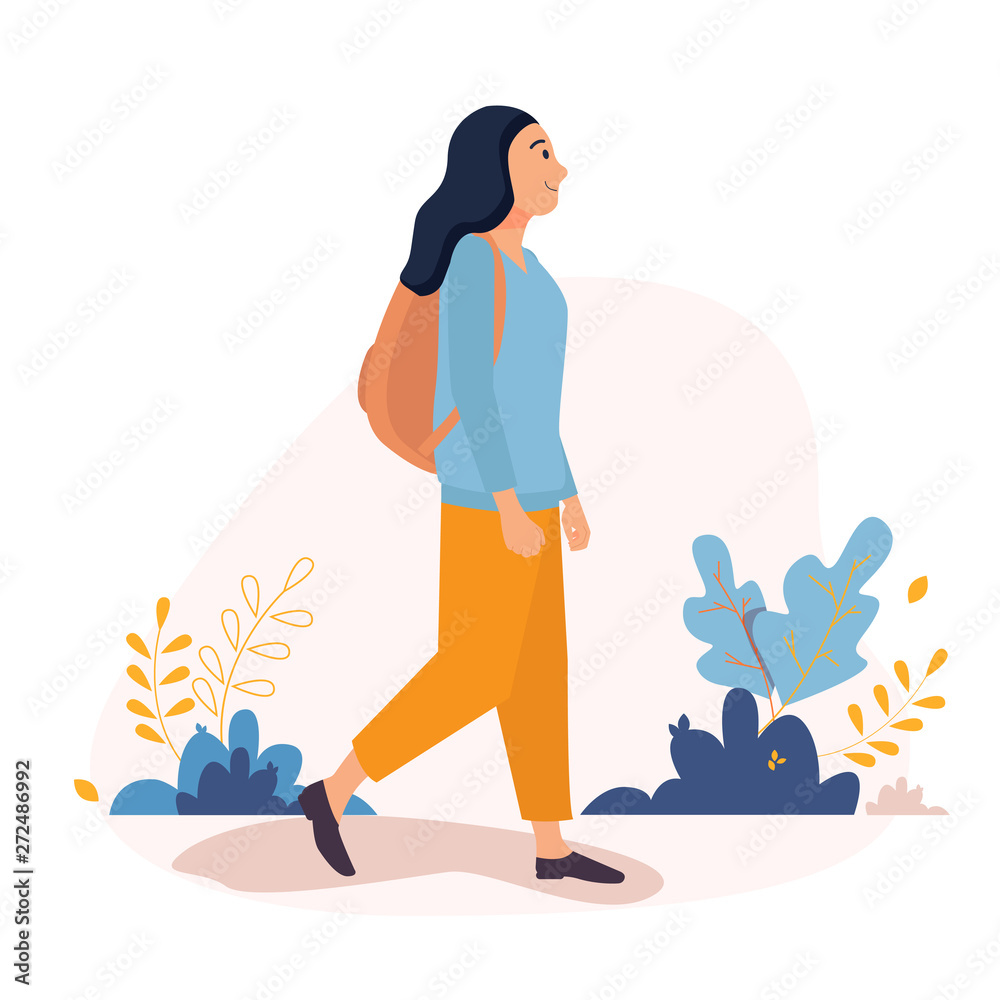Happy Young Woman Walking Outside Around The City With Backpack Vector  Character Illustration In A Flat Style On A White Background Stock  Illustration - Download Image Now - iStock