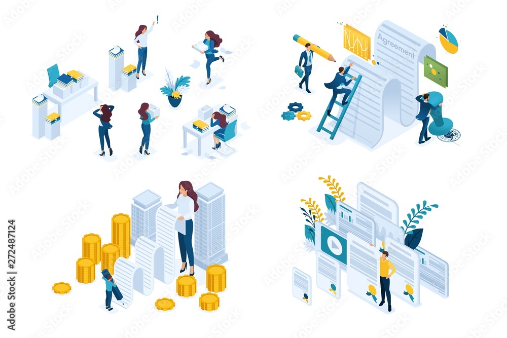 Isometric Set concept Working with documents, signing a contract, checking documents. Modern vector illustration concepts for website Isometric Set concept Working with documents, signing a contract, checking documents. Modern vector illustration concepts for website