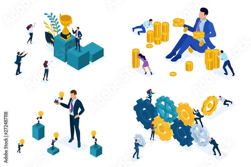 Isometric Set concept the mechanism of the team, selling ideas, investments, success. Modern vector illustration concepts for website