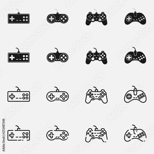 Set of gamepads and joysticks black and white vector icon.