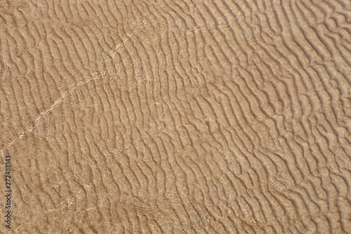 Sand texture created by sea waves on beach coast. Top view of sand pattern under soft waves. Sand texture of Baltic sea coast.